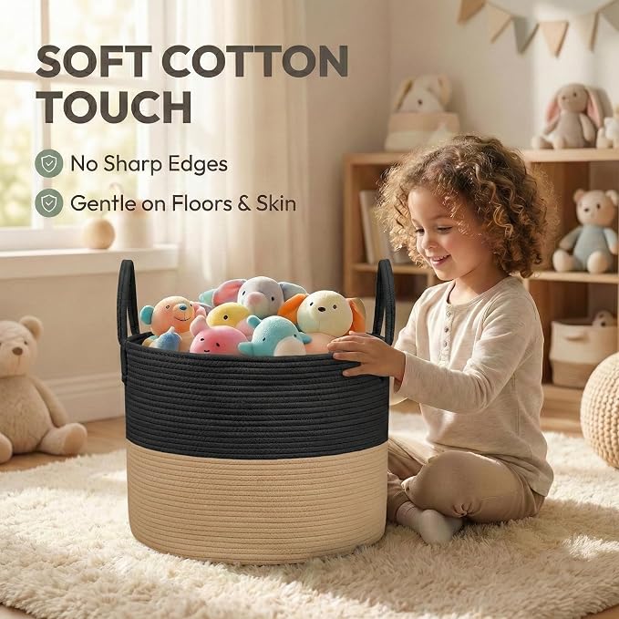 JMvicyroam 65L Extra Large Blanket Basket for Living Room - Woven Cotton Rope Laundry Hamper with Reinforced Handles - Storage Bin for Pillows, Comforters & Toys - Machine Washable,Black&Jute