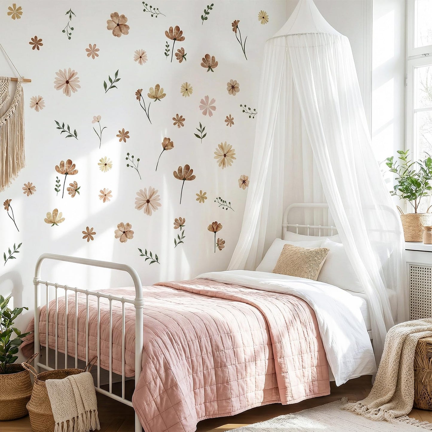 104 Pcs Daisy Wall Decals Boho Flower Stickers Wildflower for Girls' Rooms Playrooms and Nurseries Art Bedroom Classroom Removable Peel and Stick Wall Decor Cute Decorations 9 Sheets