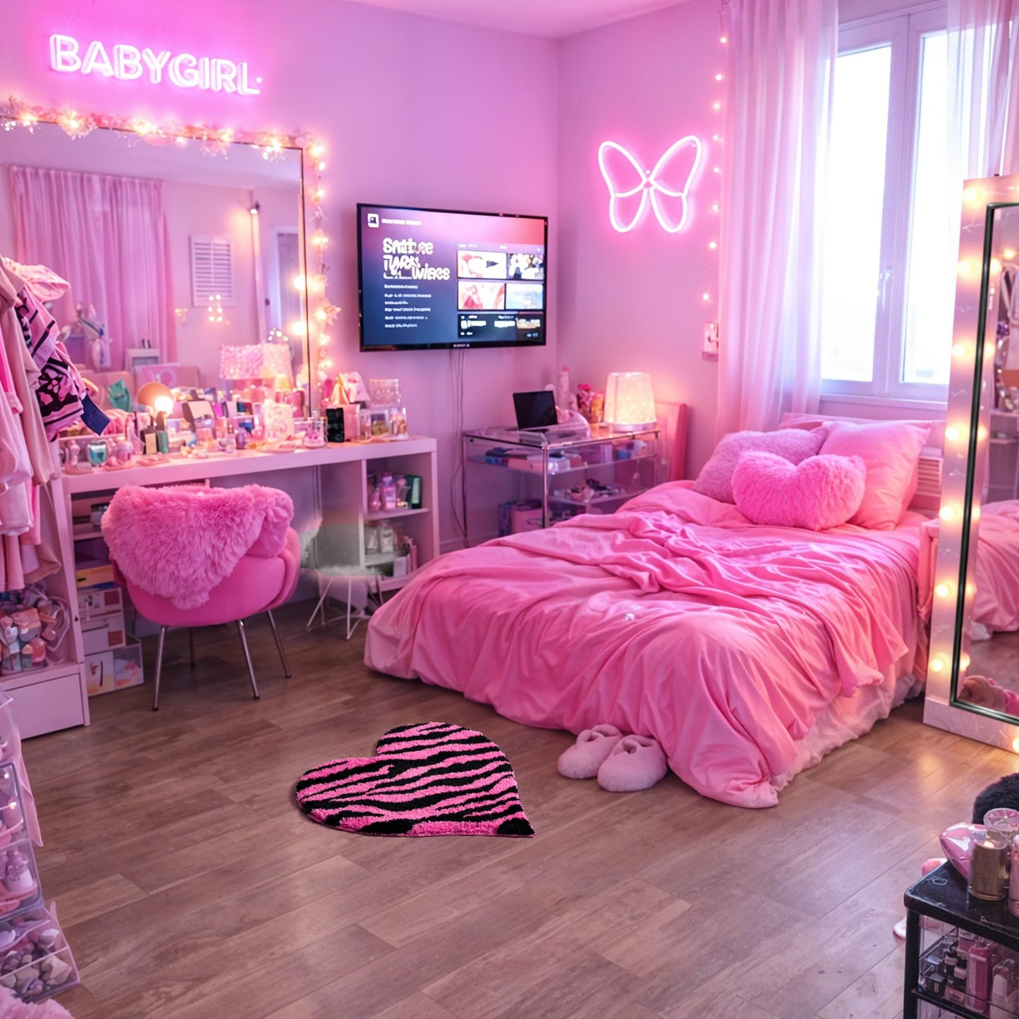 Fttoyoly Y2K Hot Pink Zebra Print Rug, 24 Inch Heart Shaped Soft Plush Small Rug with Non Slip Backing, Y2K Room Decor Aesthetic for Bedroom, Dorm and Vanity