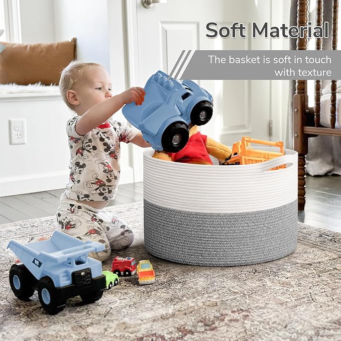 INDRESSME Large Blanket Basket, Laundry Toy Storage Baskets, Decorative Woven Basket for Living Room & Nursery, Baskets for Gifts Empty, Laundry, Dog Toys, Towels, Light Grey, 19.7" D x 12.6" H