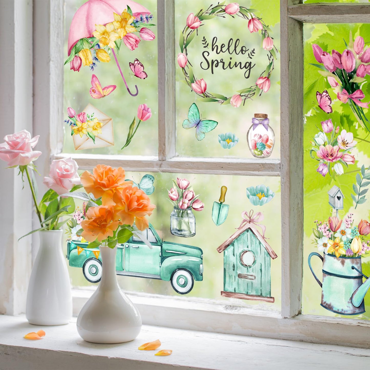 Whaline 75 Pcs Spring Summer Tulip Window Clings Tulip Flower Umbrella Truck Window Stickers Hello Spring Double-Side Glass Decals for Home Office School Party Shop Display Decoration