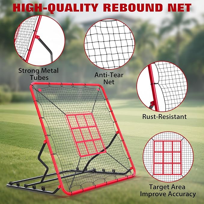 Baseball Rebounder Net 4x4.5Ft, 5 Adjustable Angles Pitching & Batting Trainer, Heavy Duty UV-Resistant Bounce Back Net, Solo Fielding Trainer for Baseball Softball Hitting, Durable Net for Outdoor Pr