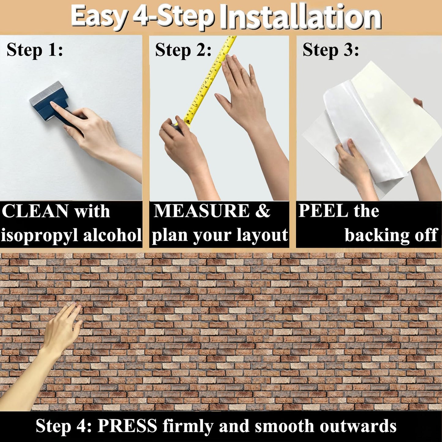 Veczom 3D Brick Wall Panels Peel and Stick,10 Pack Self-Adhesive PVC Wall Tiles, Waterproof Textured Decor for Living Room, Kitchen, Bedroom, Office Accent (4Lines Seamless Brown Stone)