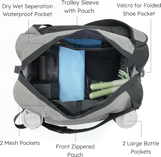 Gym Bag for Men with Shoes Compartment and Wet Pocket Convertible Duffle Bag and Gym Backpack Waterproof Sports Bag with 2 Bottle Holders Weekender Overnight Bag - Black&Grey