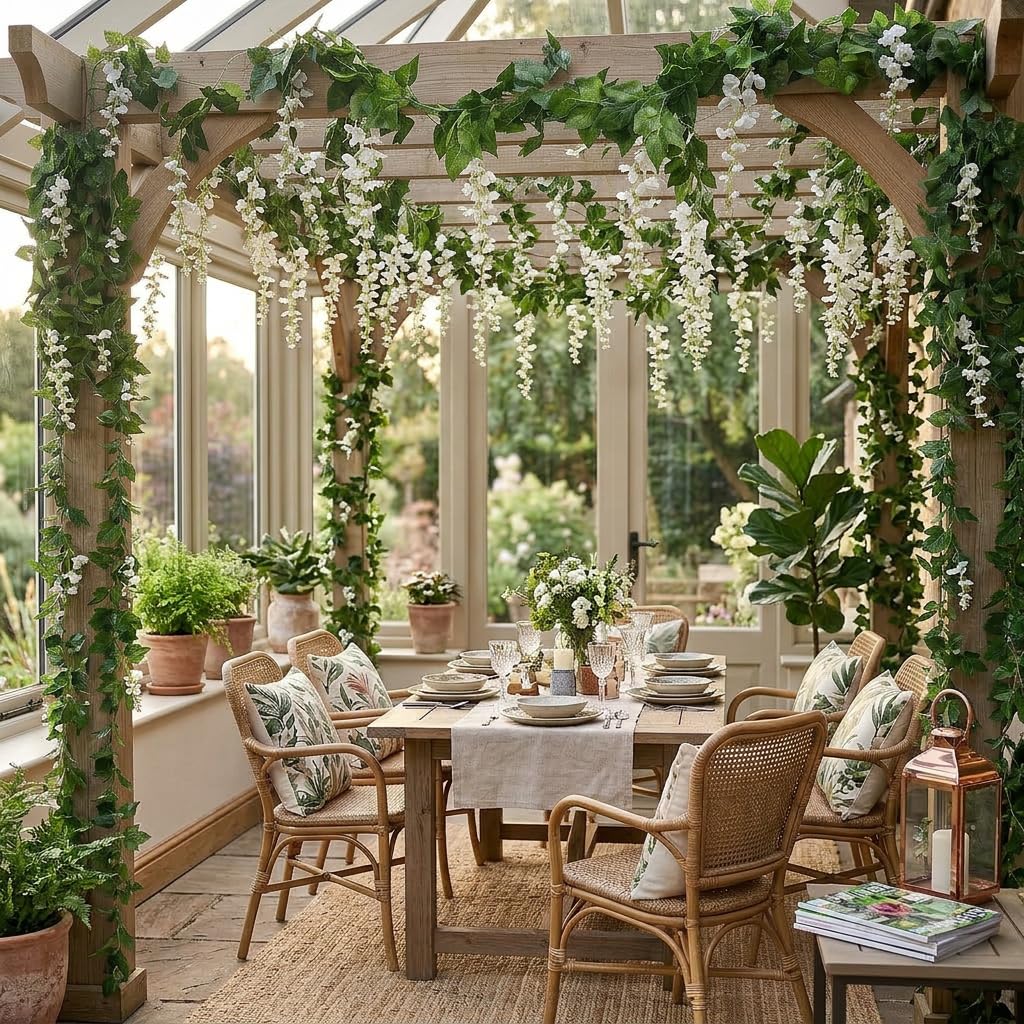 Mavee 28.8ft Artificial Wisteria Vine Garland (4x7.2ft), Silk Hanging Flowers Decor for Wedding Arch, Home Floral Arrangements - White