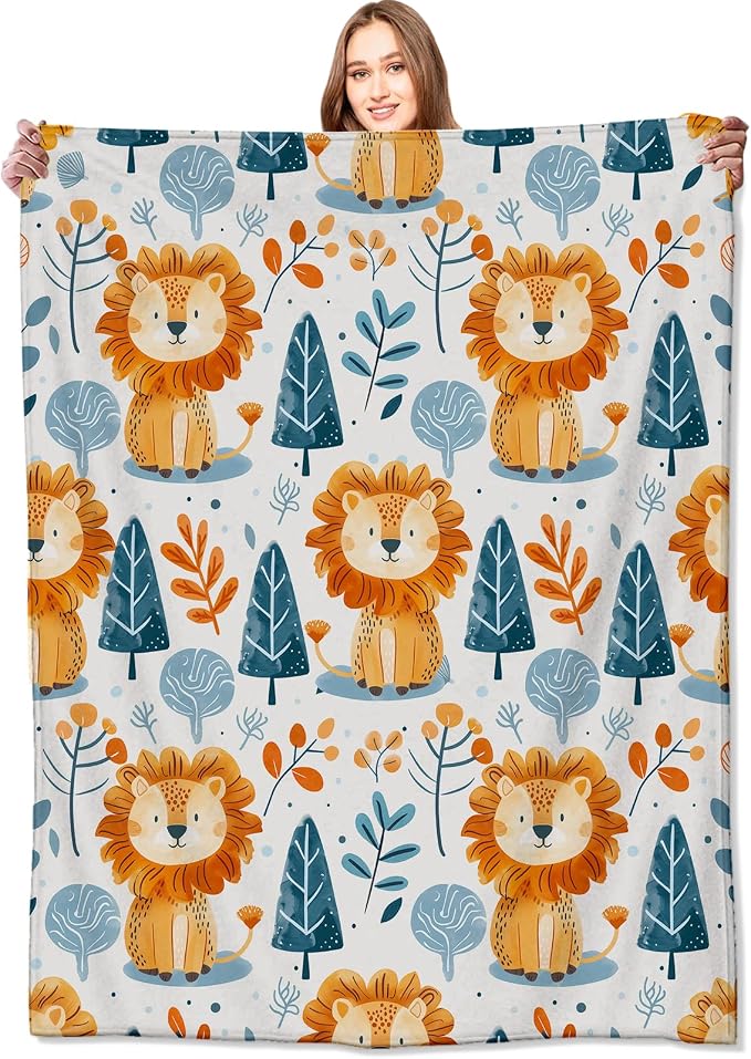Cute Lion and Forest Blanket,Fun Cartoon Jungle Theme Throw Blankets,Birthday Gifts for Kids & Animal Lovers,Lightweight Soft Fleece,for Picnic Sofa Couch Bed Room Travel,Modern Decor,40x50in