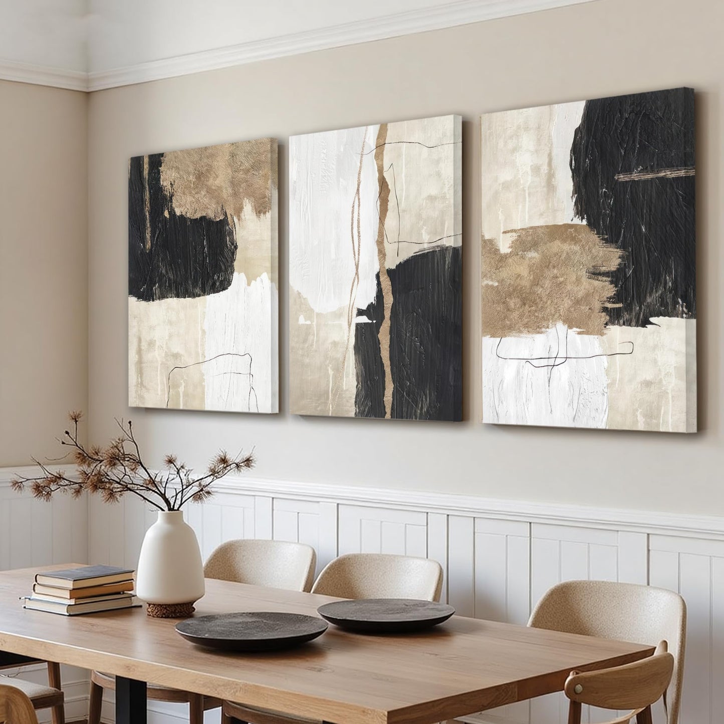 AVECCO 3 Pieces Large Gold and Black Abstract Wall Art, Modern Geometric Line Canvas Wall Decor, Minimalist Black Gold Shapes Art Prints for Bedroom Living Room Office Home Decoration 24x36 Inch