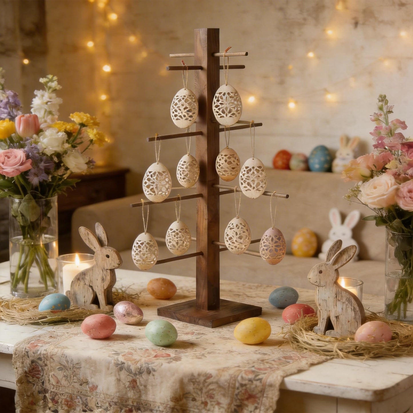 32 inch Easter Farmhouse Ornament Tree Display Stand Artificial Easter Egg Display Tree Tabletop Decor Wood Rustic Trees for Wedding Anniversary Christmas Birthday Farmhouse Party Home Decoration