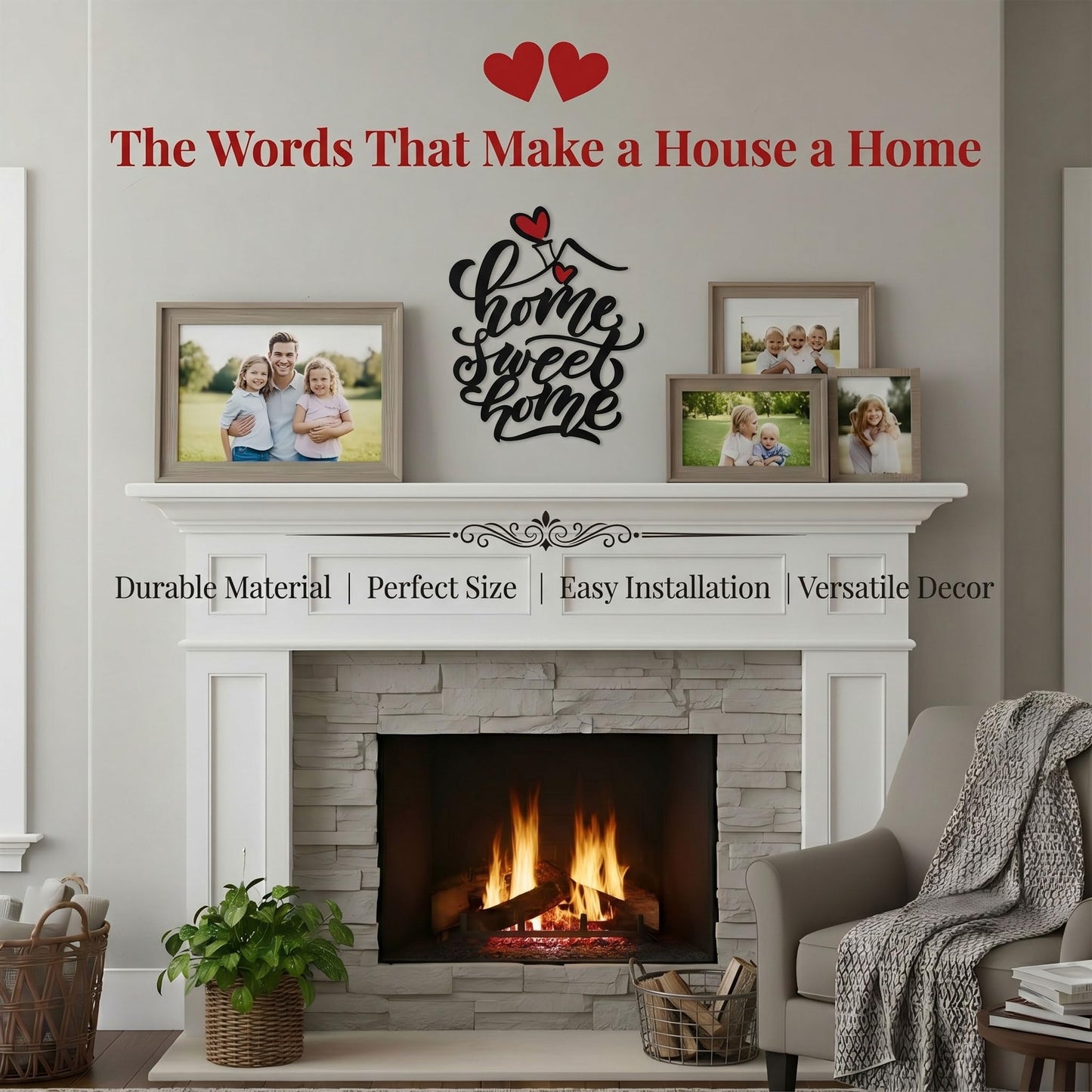 AIM & GGKK Home Sweet Home Wall Art, Metal Calligraphy Sign with Red Heart Accent - Rustic Farmhouse Wall Decor for Living Room, Entryway, Kitchen | 14.8" x 12.2" Black Metal | Easy Hang | Housewarming Gifts for New Homeowners