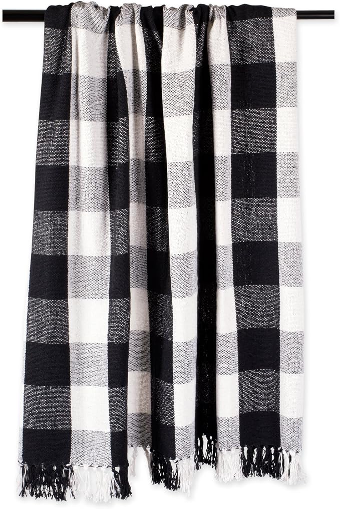 DII Buffalo Check Collection Rustic Farmhouse Throw Blanket with Tassles, 50x60, Black/White