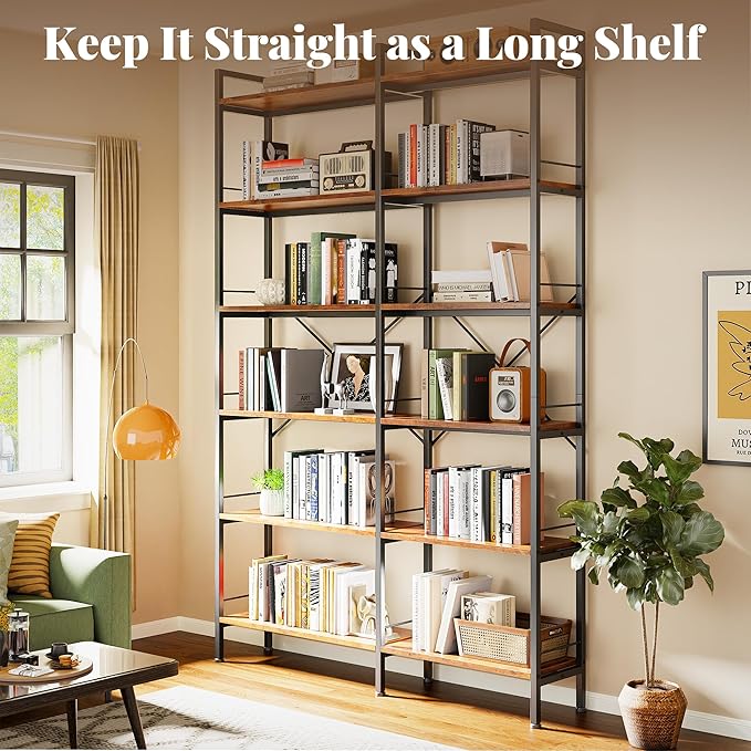Huuger 6 Tier Bookshelf, L Shaped Corner Bookshelf with Open Shelves, 49.4 Inch Straight Wide Bookcase with Metal Frame and Wooden Board, Adjustable Feet, Rustic Brown
