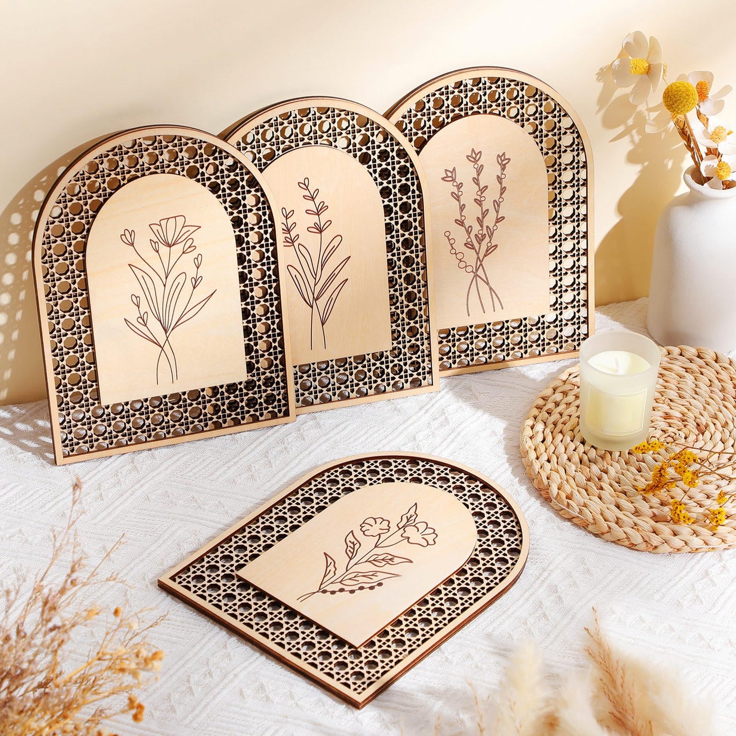 Wesiti 4 Pcs Rattan Wooden Boho Wall Decor Floral Natural Room Wall Art Aesthetic Nursery Farmhouse Hanging Decor for Bedroom Living Room Office