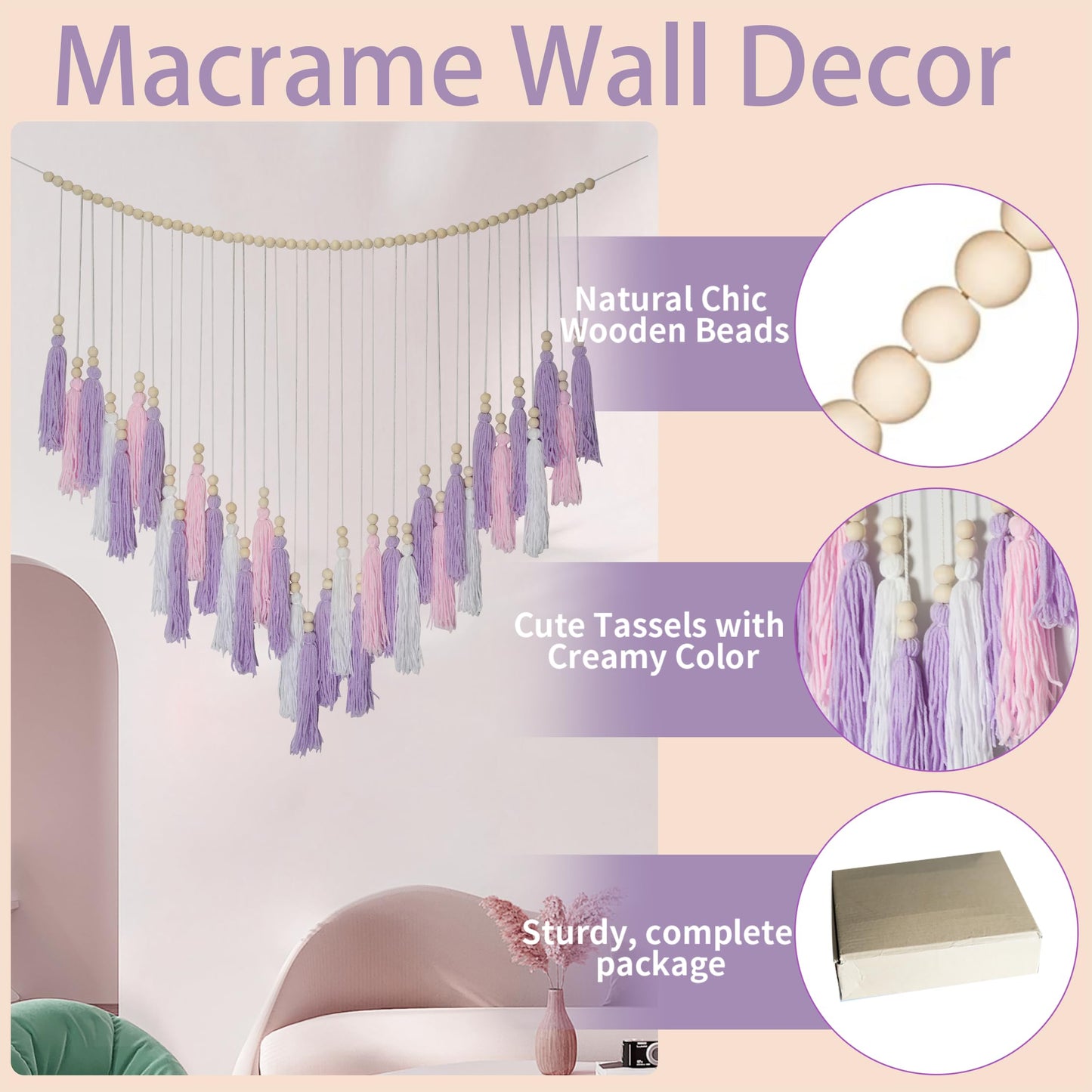 Pink & Purple Macrame Hanging Boho Wall décor, Purple Wall Decor for Bedroom Living Room Girls Room Nursery Large Tassel Hanging with Wood Beads 41" W x 32" H