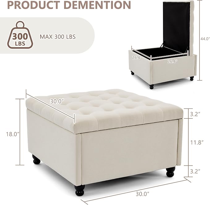 Weture 30 Inch Large Square Storage Ottoman Coffee Table, Oversized Square Ottoman with Storage, Tufted Upholstered Coffee Tables for Living Room (Fabric, Beige)