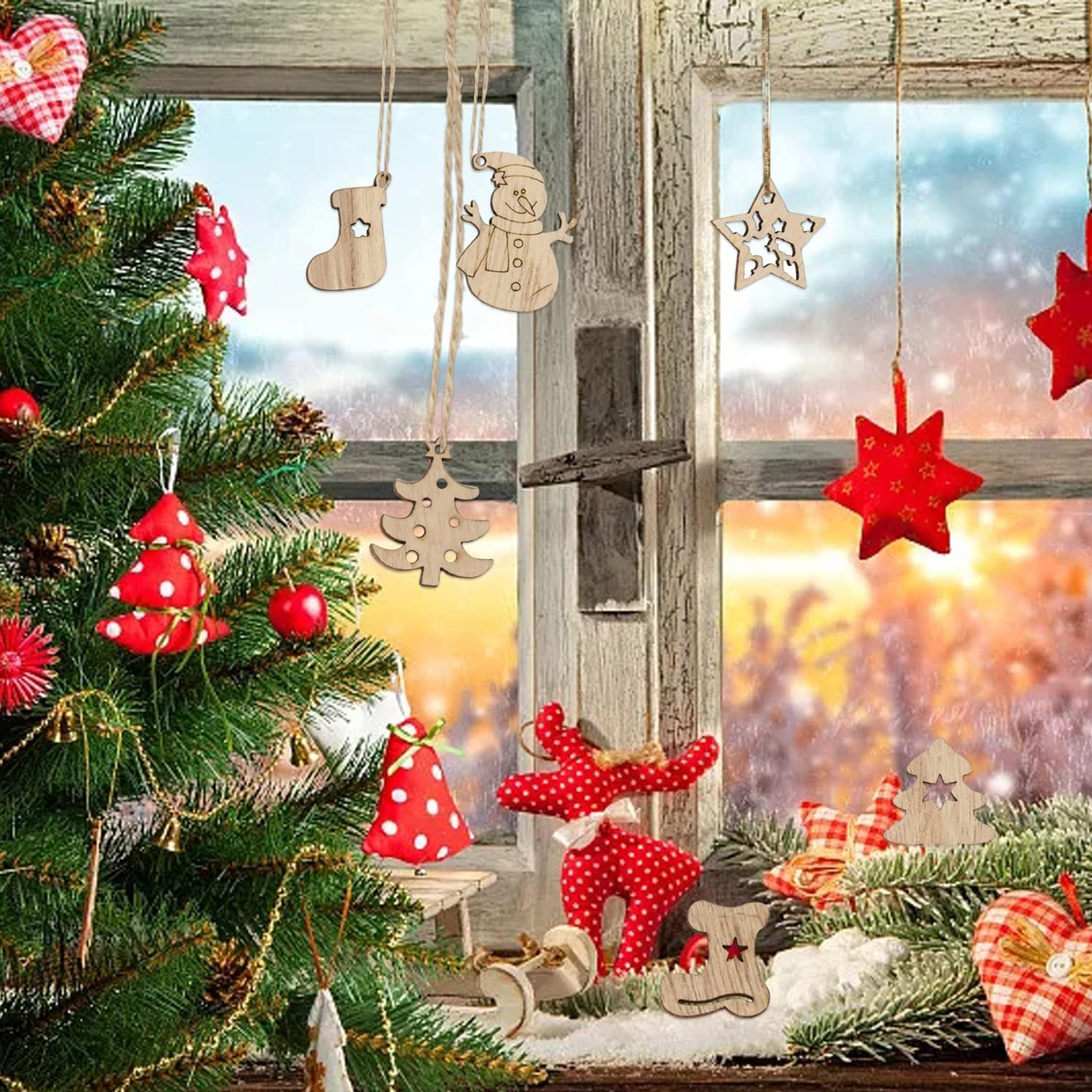 yueton 100PCS Mini Christmas Tree Snowflakes Stars Moose Bells Hats Socks Angels Christmas Unfinished Blank Wood Pieces Wood Slices Wood Chips Embellishments for DIY Crafts, Home Decoration, etc