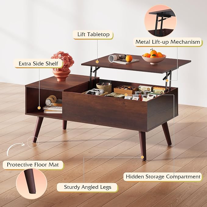 WLIVE Coffee Table for Living Room, Lift Top Coffee Table with Storage, Small Rising Wooden Dining Center Table with Storage Shelf & Hidden Compartment, 39" Espresso