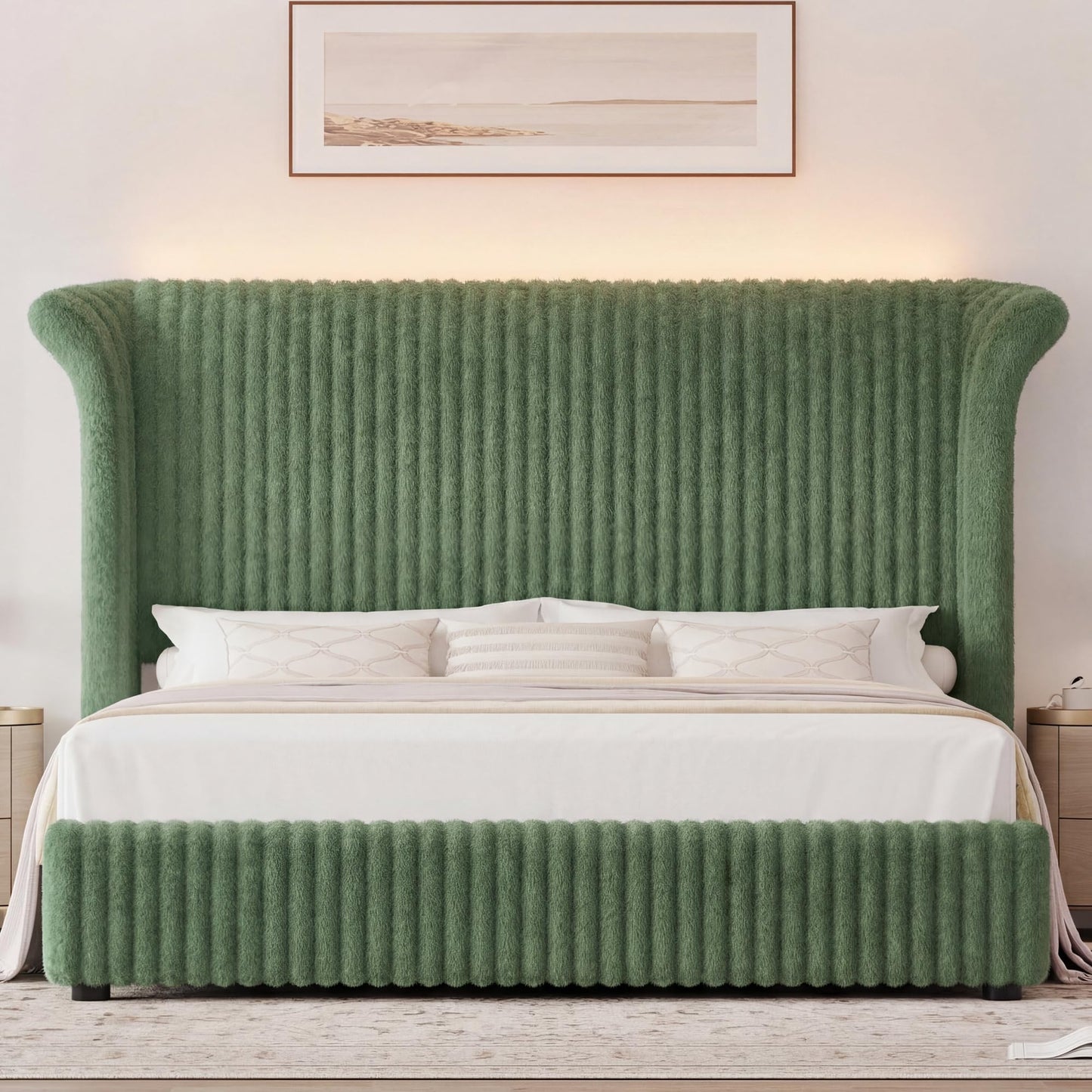 Keyluv Queen Bed Frame with 54” Tall Faux-Fur Wingback Headboard, Upholstered Platform Bed with LED Light, Mattress Foundation with Solid Wooden Slats Support, No Box Spring Needed, Noise-Free, Green