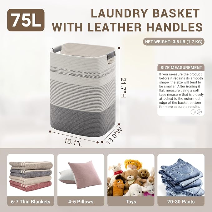 75L Tall Laundry Hamper with Handles for Living Room Storage, Large Woven Rope Baskets Bin for Blanket, Kids Toy, Gifts, Wicker Hamper for Bedroom Dirty Clothes, 16"x13"x22" White Grey