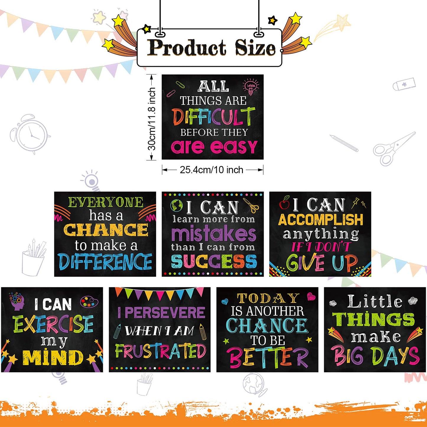 Marspark 9 Pcs Classroom Motivational Posters Growth Mindset Banner Inspirational Bulletin Board Positive Classroom Decoration for School Wall Art, Elementary Middle High School(Black)