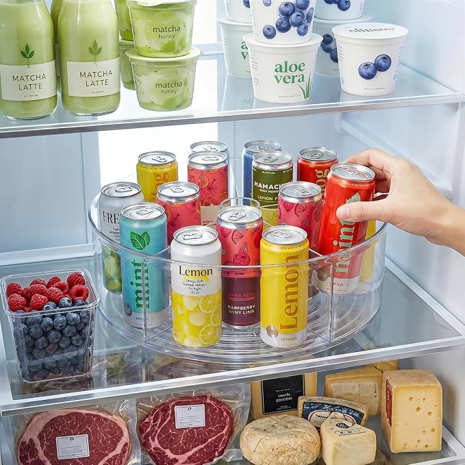 Divided Lazy Susan Turntable Organizer, 11.5" Clear Round Plastic Lazy Susan Turntable, Rotating Storage Container Tray for Pantry, Fridge and Kitchen