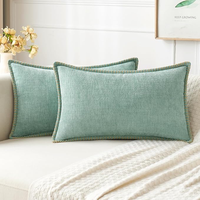 MIULEE Pack of 2 Lumbar Summer Throw Pillow Covers 12x20 Inch Aqua Green Farmhouse Decorative Pillow Covers with Stitched Edge Soft Chenille Solid Dyed Pillow Covers for Couch Sofa Bed Living Room