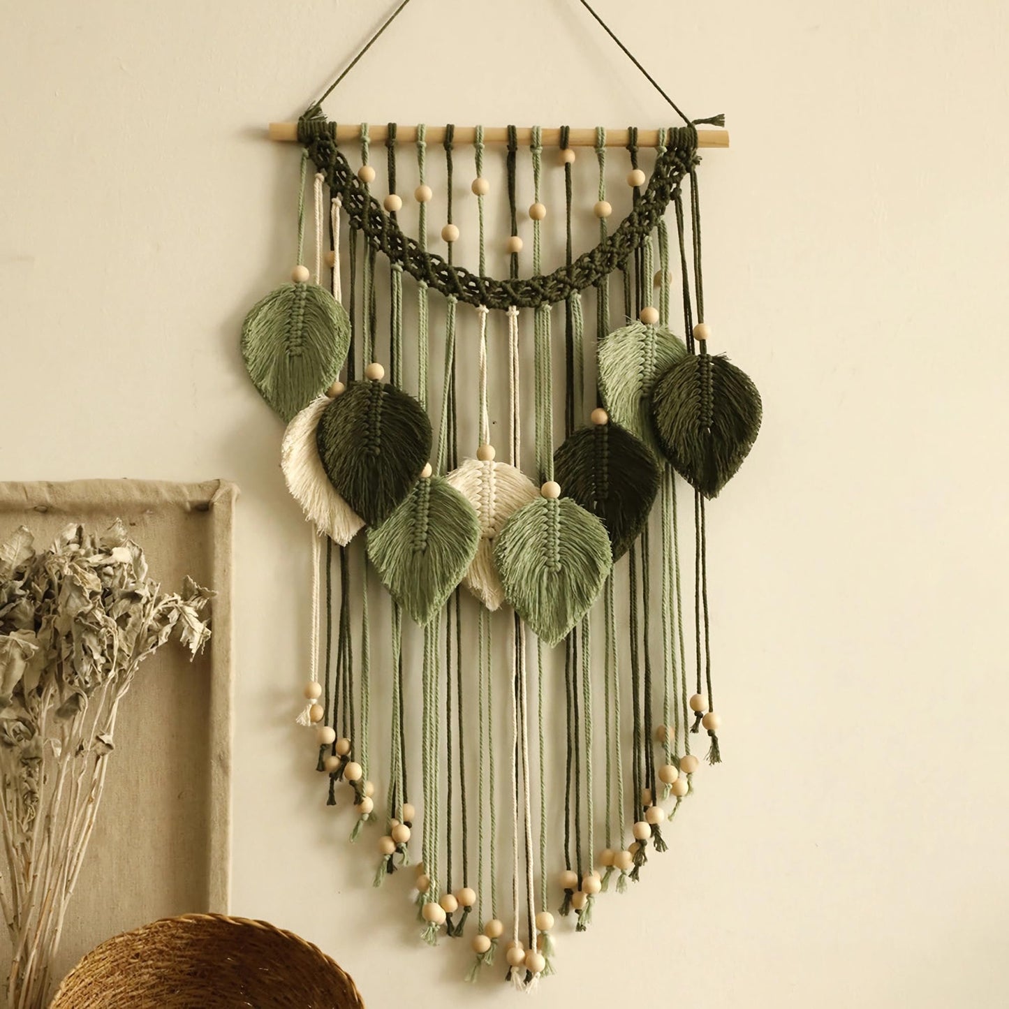 Ni-JASW Green Macrame Wall Hanging Decor, Boho Woven Leaf Feather Tapestries with Beads Tassels 15.7"x 37.8"