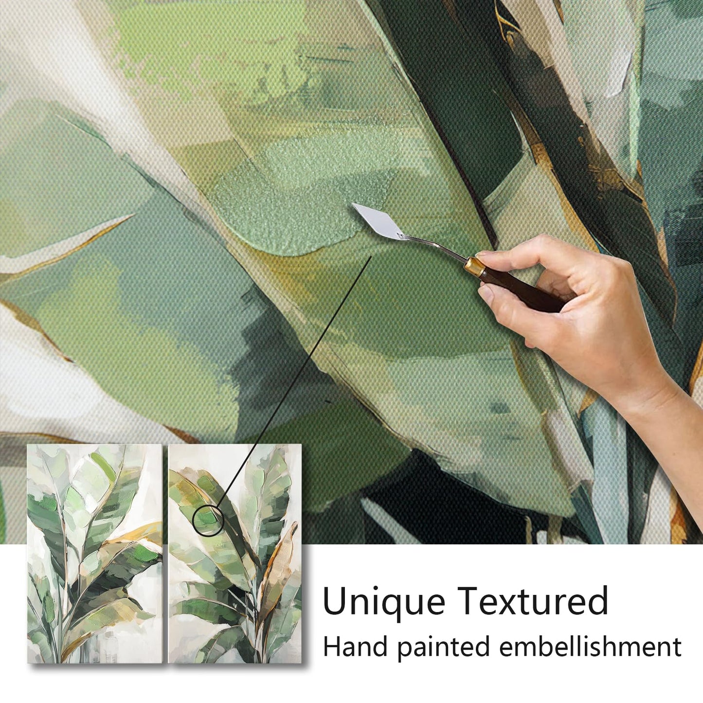 Botanical Wall Art Set Hand Painted, for Living Room plant wall art,Green Tropical Plant Leaf Wall Decor, Modern Banana Leaf Wall Painting, for Bedroom, Dining Room, Office - 12x20 Inch 2pack