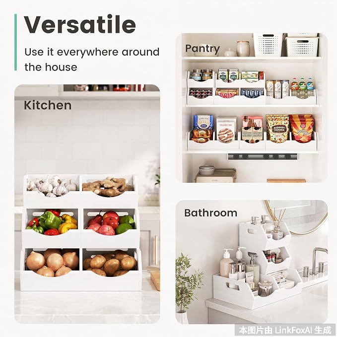 Potato and Onion Storage Bin, 3 Tier Bamboo Kitchen Storage Rack, Stackable Ventilated Pantry Organizer with Handles for Garlic Peppers Vegetables, Countertop Produce Bins, White(Assembly Required)