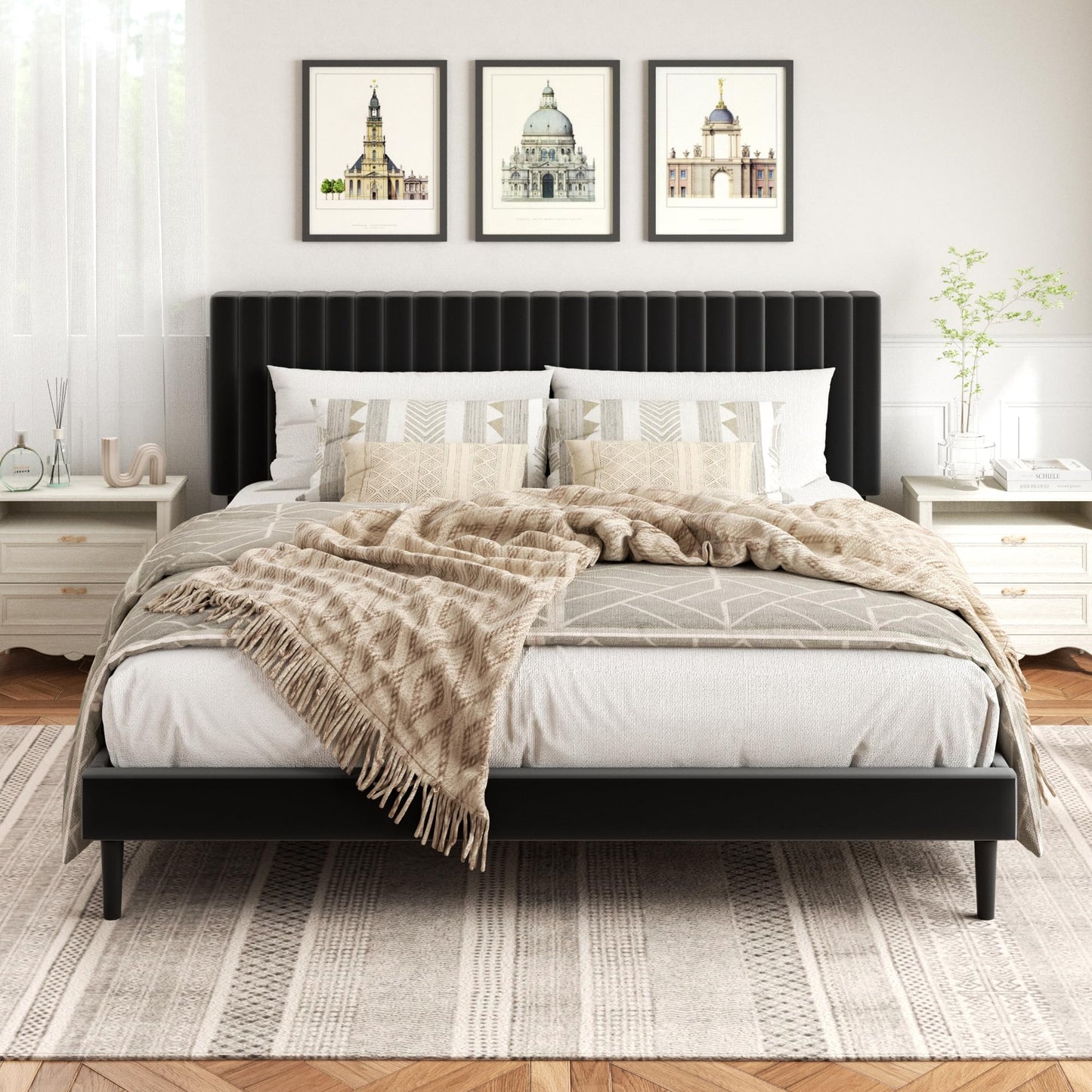 HAOARA King Size Bed Frame, King Size Platform Bed Frame and Velvet Upholstered Headboard with Strong Wood Slats, Box Spring Optional, Mattress Foundation, Easy Assembly Black