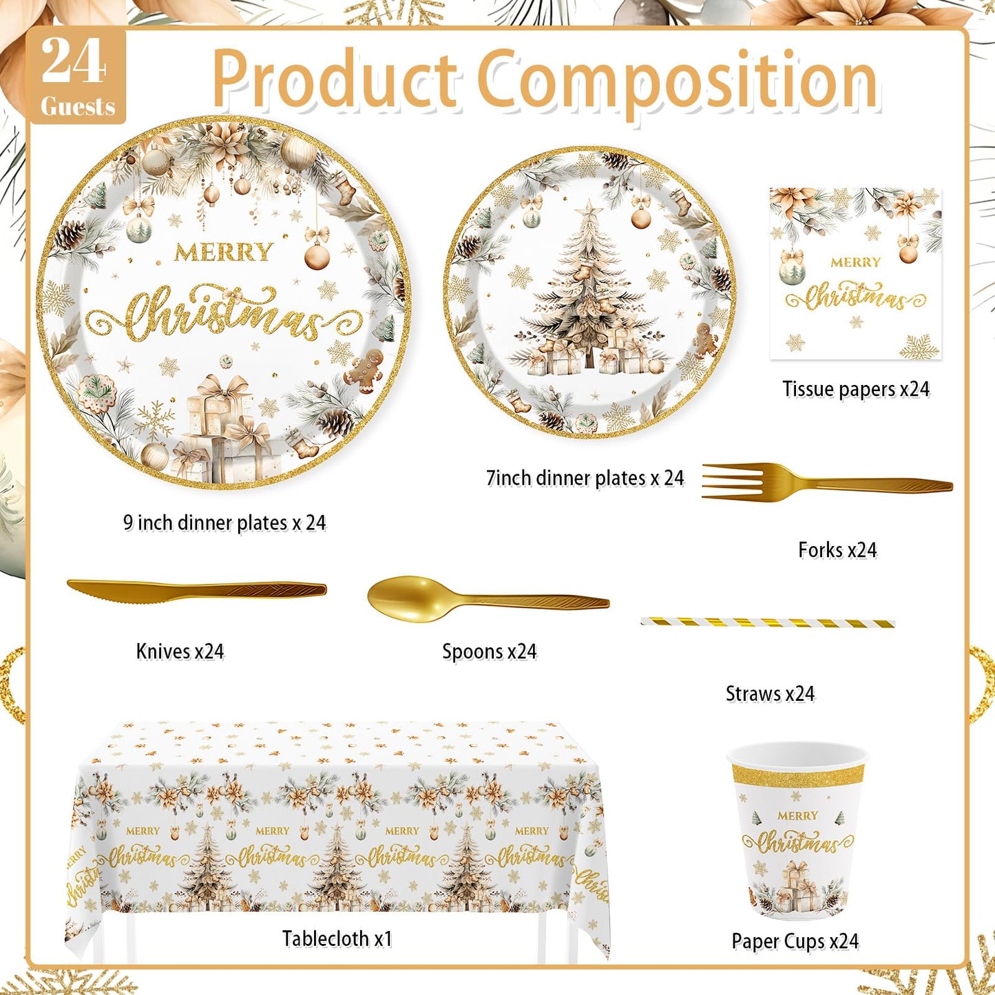 MEHOFOND Christmas Party Supplies193PCS, Gold Christmas Tree Disposable Dinnerware Paper Plates, Napkins, Cups, Cutlery,Tablecloth for Xmas Holiday Party Decor, Serve 24 Guestst