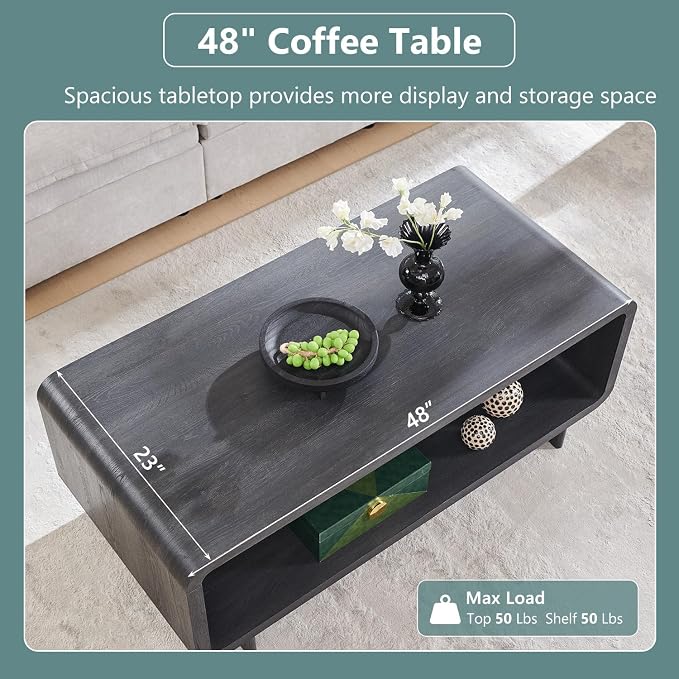 IFGET 48" Modern Coffee Table, 2-Tier Minimalist Center Table with Storage Shelf, Curved Profile Design, Wooden Rectangular Living Room Table w/Wood Thick Design for Living Room, Office, Dark Grey