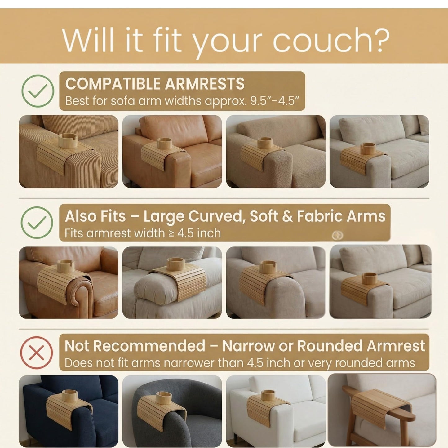 Acacia Couch Arm Tray for Drinks and Snacks with Detachable Cup Holder, Anti Slip Base and Foldable Design, Wooden Sofa Arm Tray for Convenient Couch Side Use
