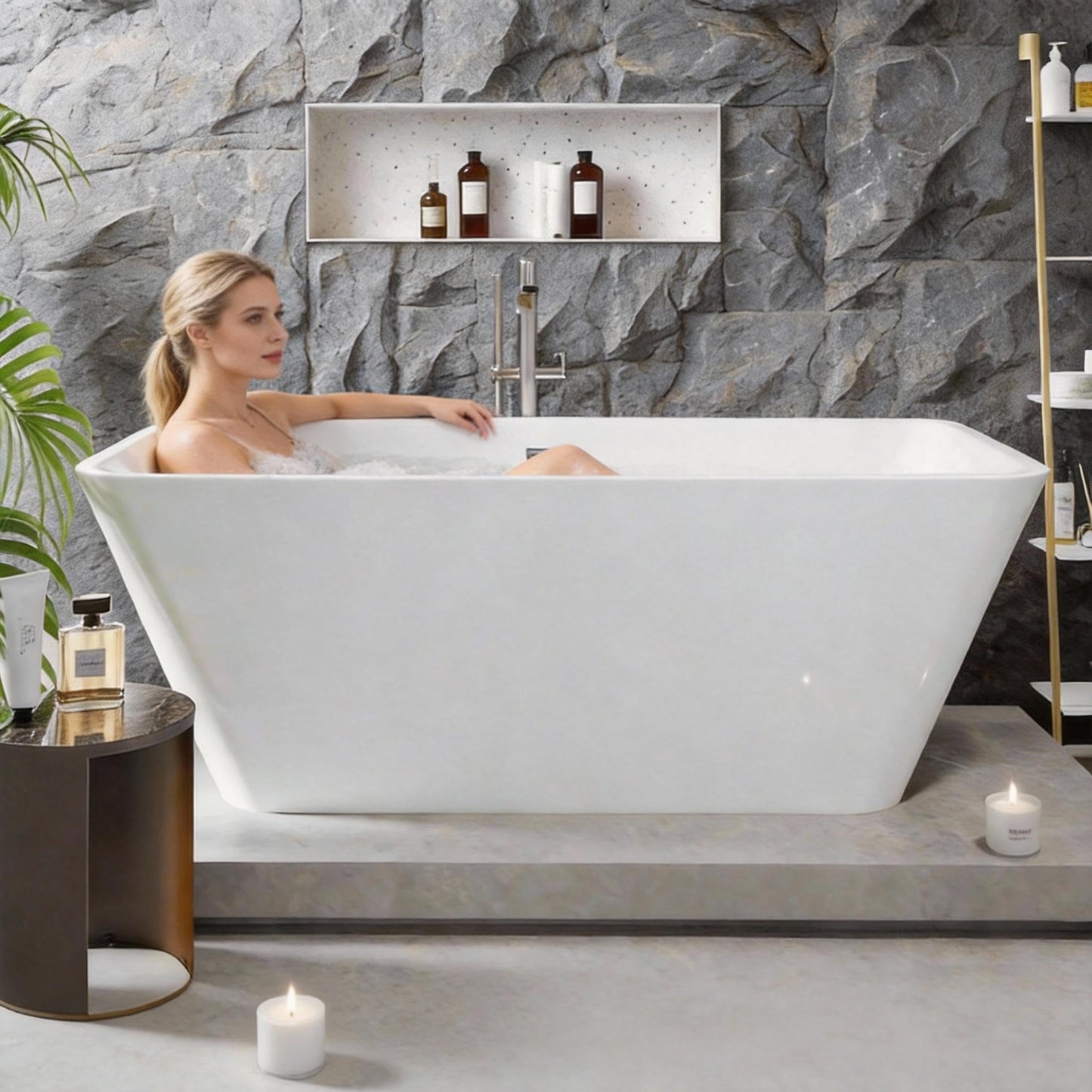 59" Freestanding Acrylic Soaking Tub, Large Bathtub, Contemporary Stand-Alone Bathroom Tub with Non-Slip Surface, Overflow and Drain Included, Deep Bathtub for Home Spa