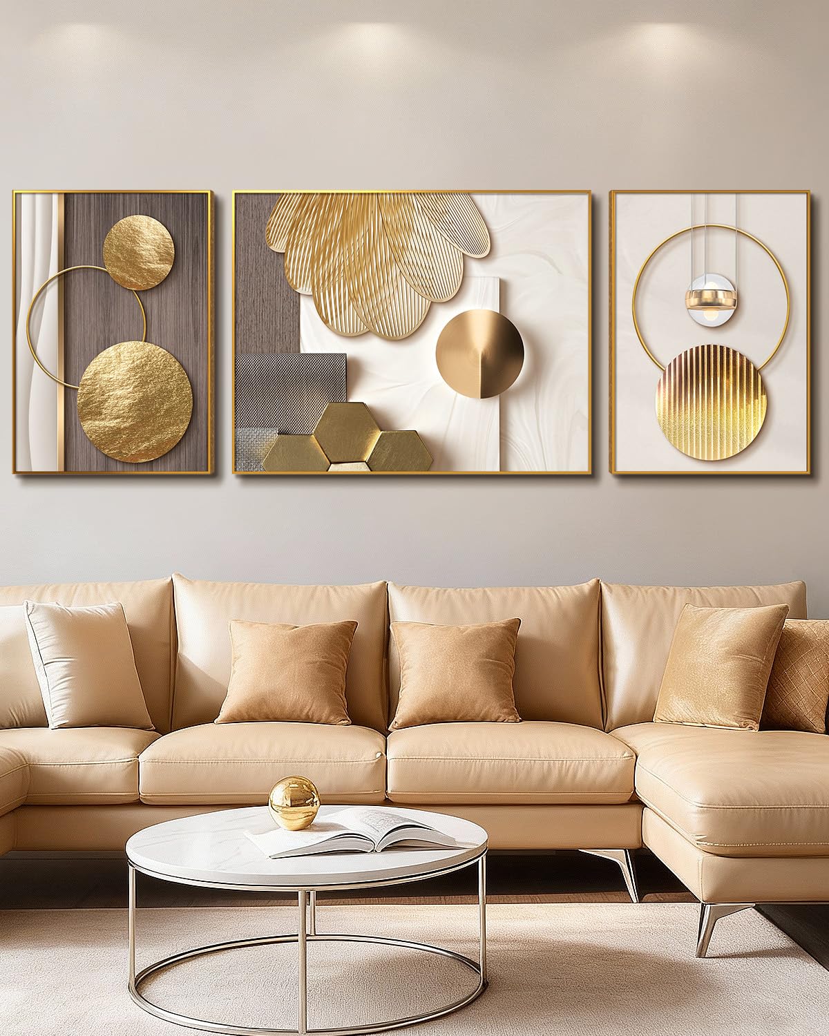 Azartslr Large Framed Modern Rose Gold Wall Art, Luxury 3 Pieces Aluminum Alloy Wall Decor for Living Room, Abstract Gold and Beige Home Bedroom Art Painting, Geometric Crystal Porcelain Artwork Dining Room Pictures Decoration