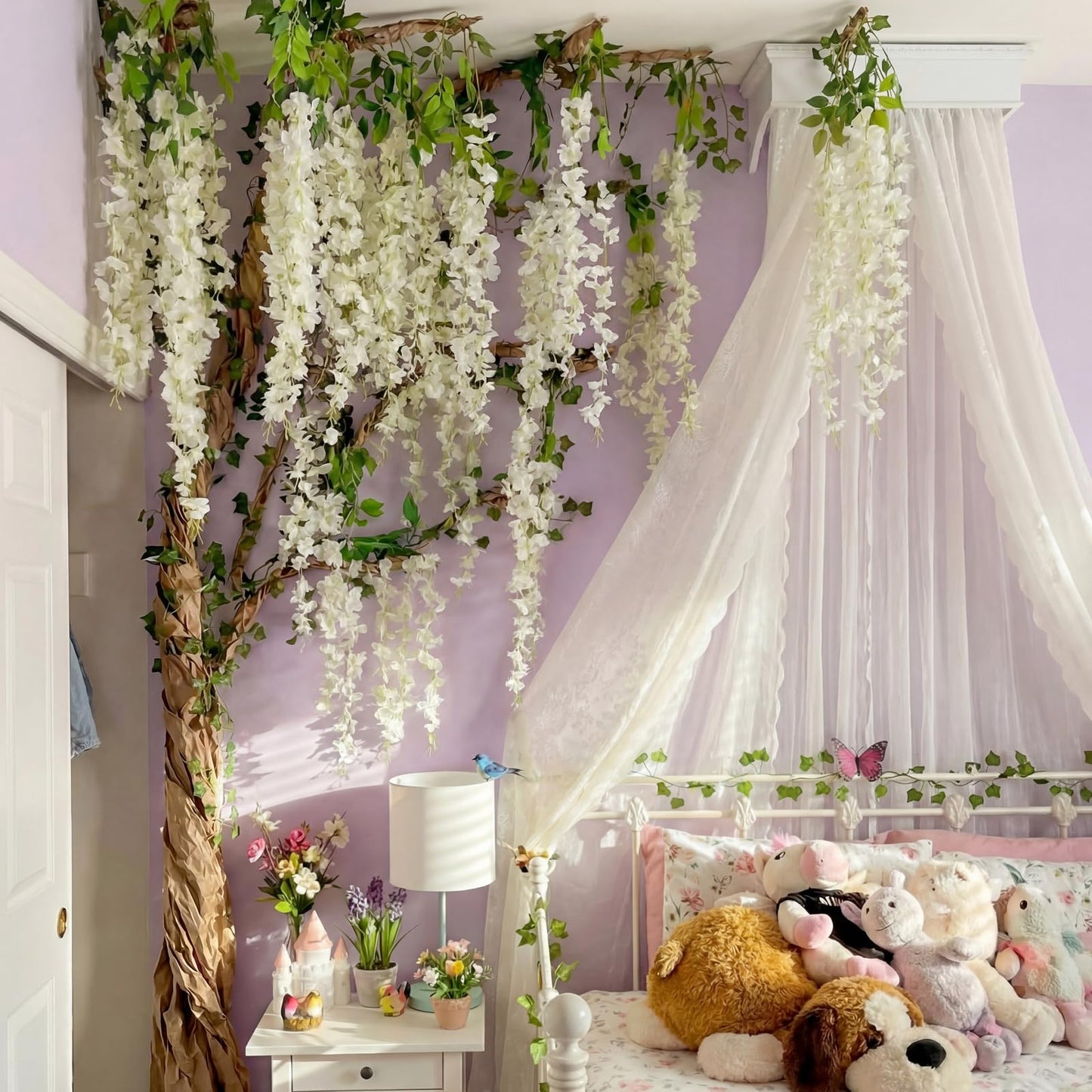XunYee 3D Wisteria Tree Wall Decor for Room Classroom Ceiling Artificial Wisteria Hanging Flowers DIY Cardboard Paper Tree with Green Vine Kraft Paper Fairy Bulletin Board Decorations(White)