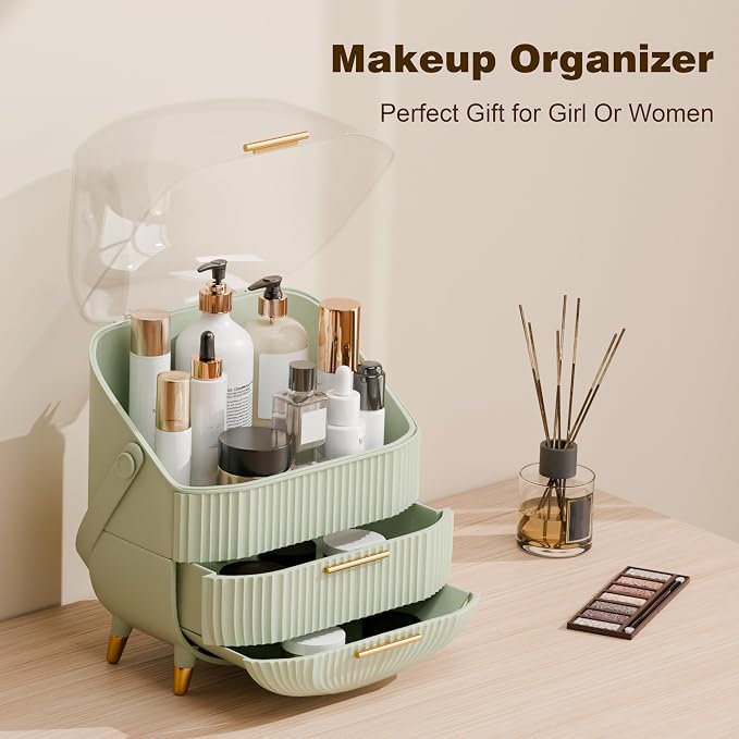 lurcns Makeup Organizers and Storage, Make up Organizer for Vanity Cosmetics Skincare Organizers With Lid and Drawers Display Cases for Countertop（Sage Green）
