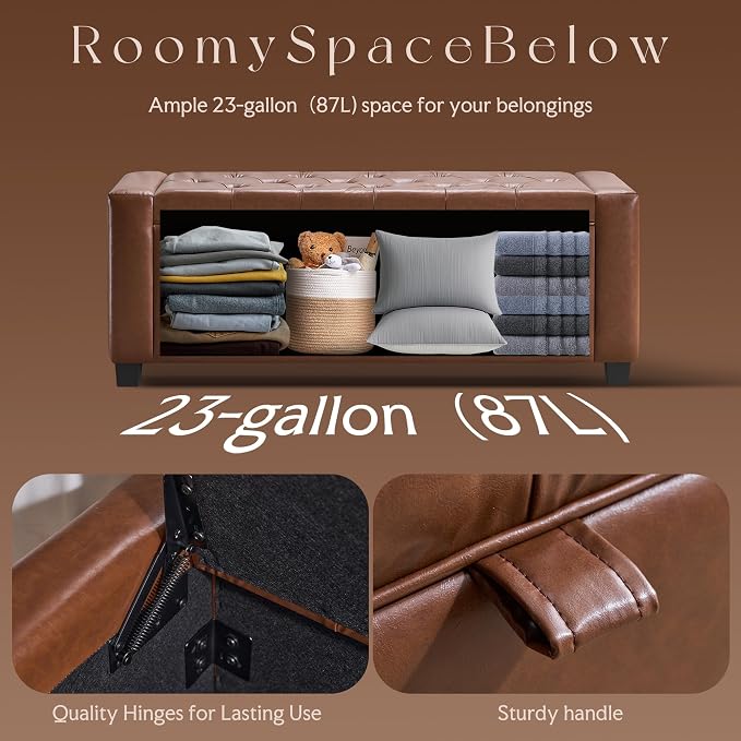GRAINELL Storage Ottoman Bench, Upholstered Tufted Bedroom Bench with Storage, End of Bed Storage Bench for Living Room & Entryway, 350 lb Capacity, Leather Brown