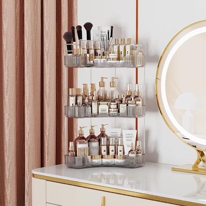 Asayuee 3-Tier Corner Bathroom Counter Organizer with Top Toothbrush Holders,Large Makeup Organizer Countertop with Brush Holder,Skincare Organizers Corner,Exquisite Vanity Organizer (Gray, 3 Tier)