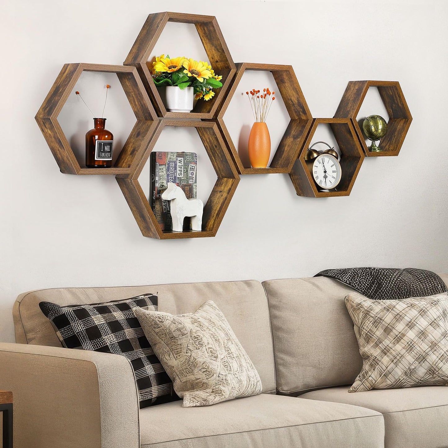 YBING Hexagon Shelves for Wall, Wood Honeycomb Floating Shelves Set of 6,Farmhouse Hexagonal Decorative Storage Shelf MDF for Living Room Bedroom Brown