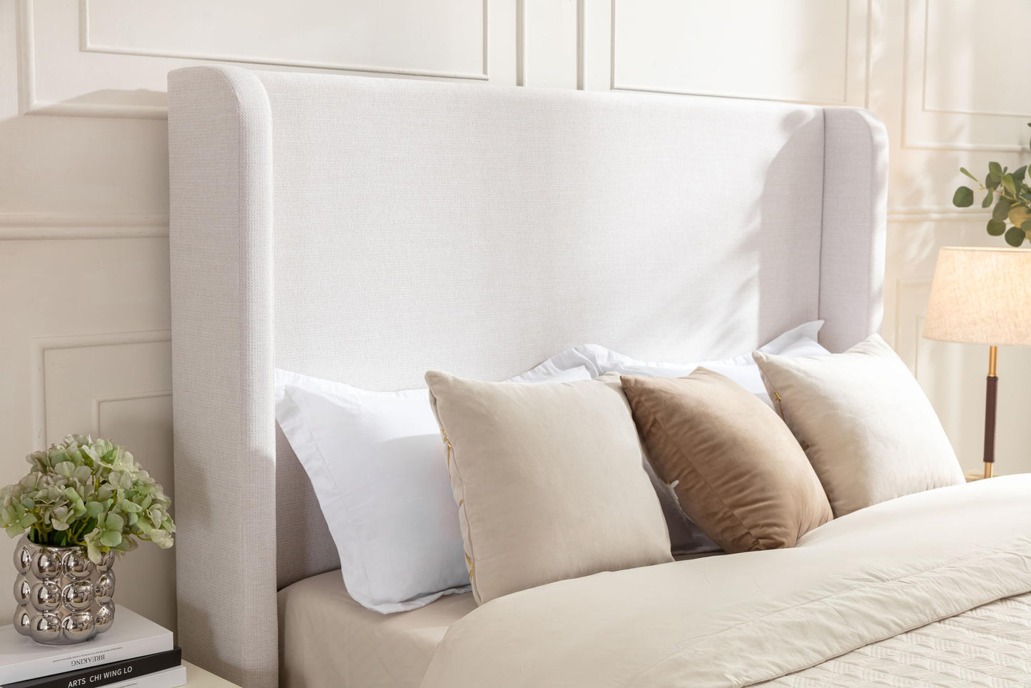 GDFStudio Tall Headboard Upholstered Bed,Queen Size Platform Bed Frame with Chenille Wingback Headboard, Without Wooden Slats,Box Spring Required,Easy Assembly,Elegant Simplicity 54" High Ivory