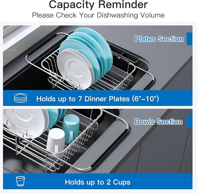 Apartment RV Small Dish Drainer Drying Rack Over The Sink In Stainless Steel for Narrow Kitchen, Counter Space Saving Compact Expandable Metal Dish Dryer Strainer, Adjustable Hanging Wire Drain Holder