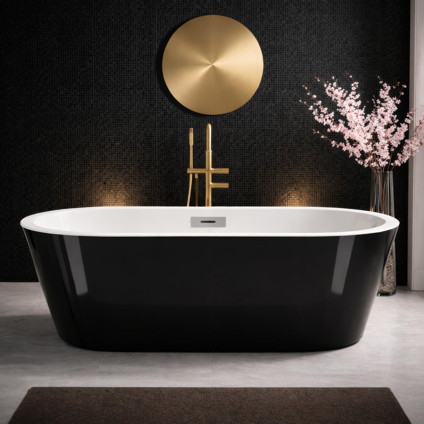 59" Free Standing Tub, Acrylic Soaking Bathtub, Stand Alone Freestanding Tub with Matte Sliver Drain and Overflow, Contemporary Bathtub for Bathroom, Black
