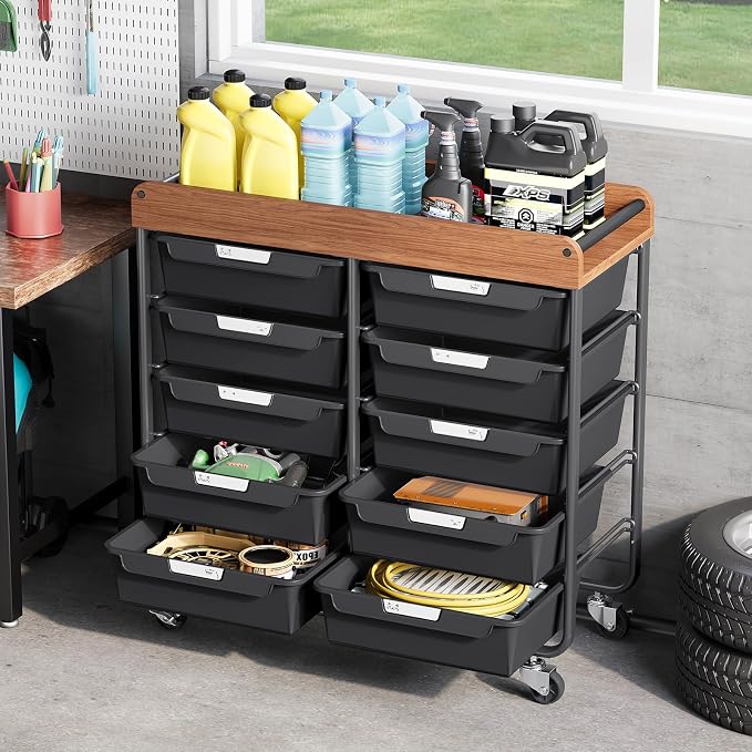10 Drawers Rolling Cart with Wooden Tabletop, Utility Storage Cart with Wheels, Art Supply Craft Organizer on Wheel with Metal Frame & Handles for Home Office School,Black