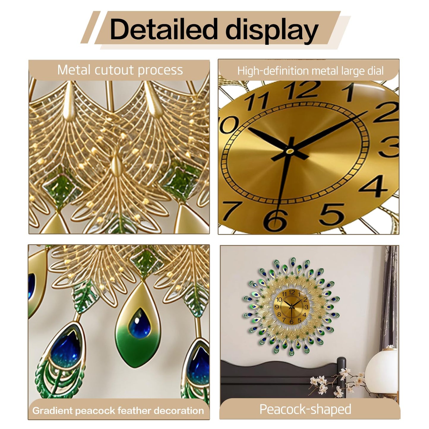 LIYUANSI Large Peacock Wall Clock,Non-Ticking Silent Creative Personality Modern Art Decorative Wall Clocks,for Living Room Bedroom Dining Room Decor,Dia 20 inch