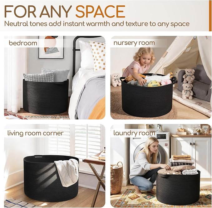MEGASKET Large Black Blanket Basket, 22" X 22" X 14" Woven Rope Bin for Storage, Kids Dog Toy Storage Box Organizer Bins, Blanket Holder for Living Room, Decorative Wicker Basket for Organizing