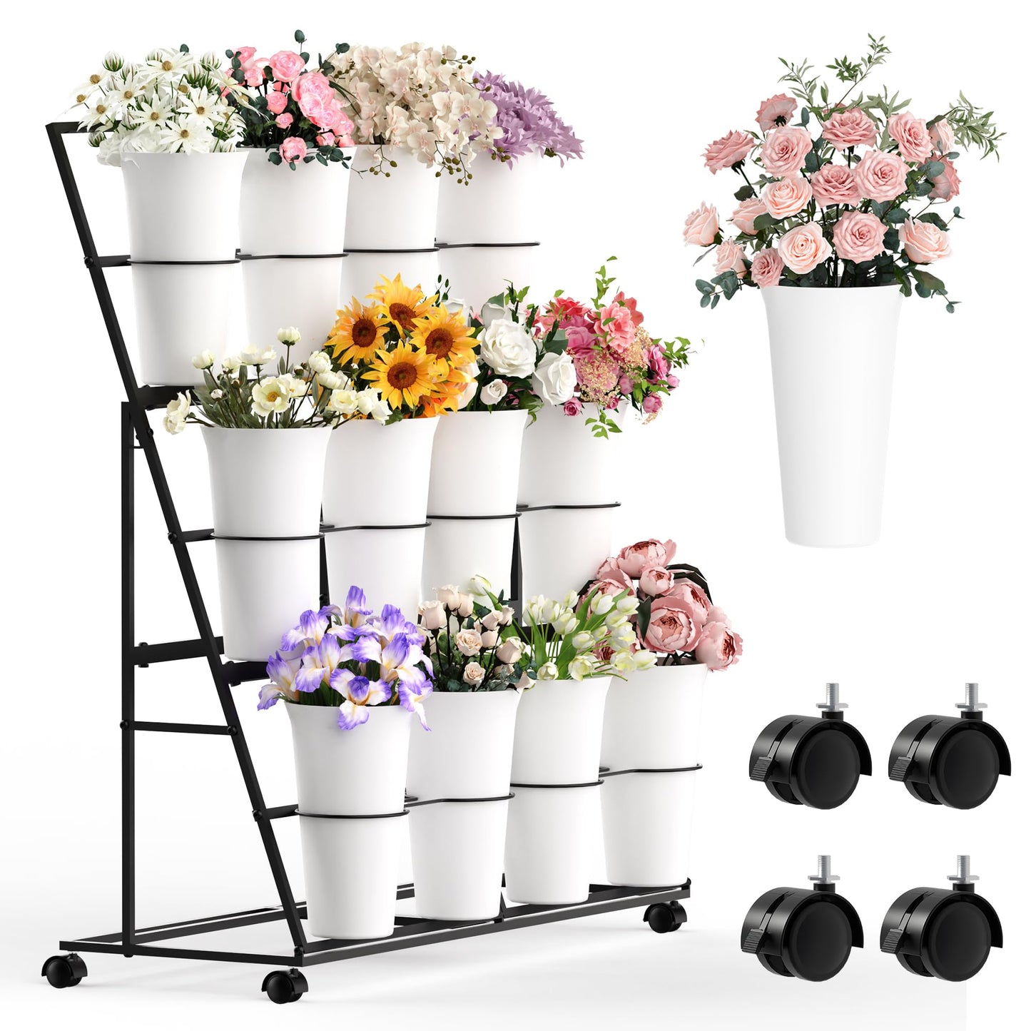 Invech Flower Display Stand with 12 Buckets and Wheels, 3 Tier Flower Cart Display Stand for Indoor Outdoor Garden, Wedding, Flower Shop (Black)