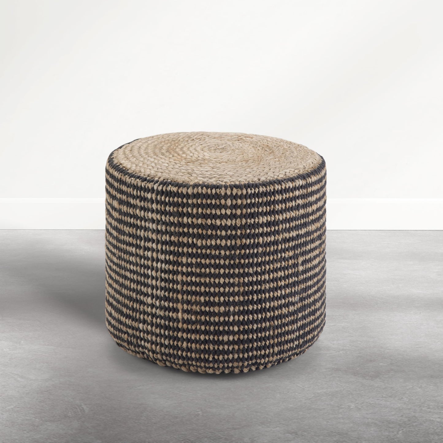 SIMPLIHOME Larissa Round Pouf - 18 inch Wide Hand Braided Jute Ottoman in Sandy Natural/Ebony, Boho Footstool or Extra Seating for Living Room or Kids Room with Polystyrene Bead Filling, Assembled