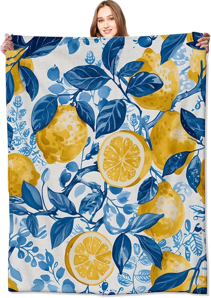 Lemon Blanket Fresh Citrus Fruit Throw Blankets with Blue Leaves,Birthday Gifts for Girls Boys Women & Food Lovers,Lightweight Soft Fleece,for Sofa Couch Bed Room Summer Decor 40x50in