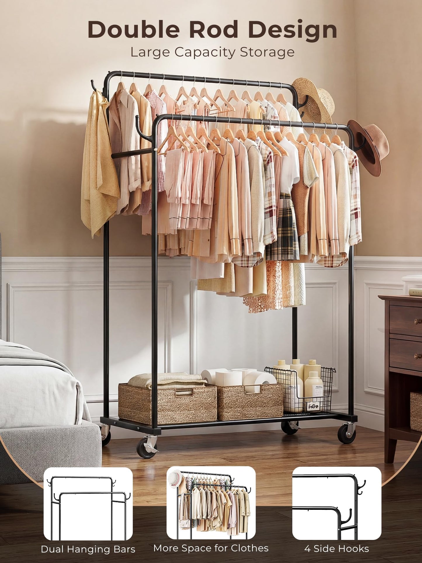 HogHow Clothes Rack, Rolling Clothing Rack with Double Rods for Hanging Clothes, Portable Garment Rack with Wheels, Metal Wardrobe Closet Organizer for Bedroom and Laundry Room