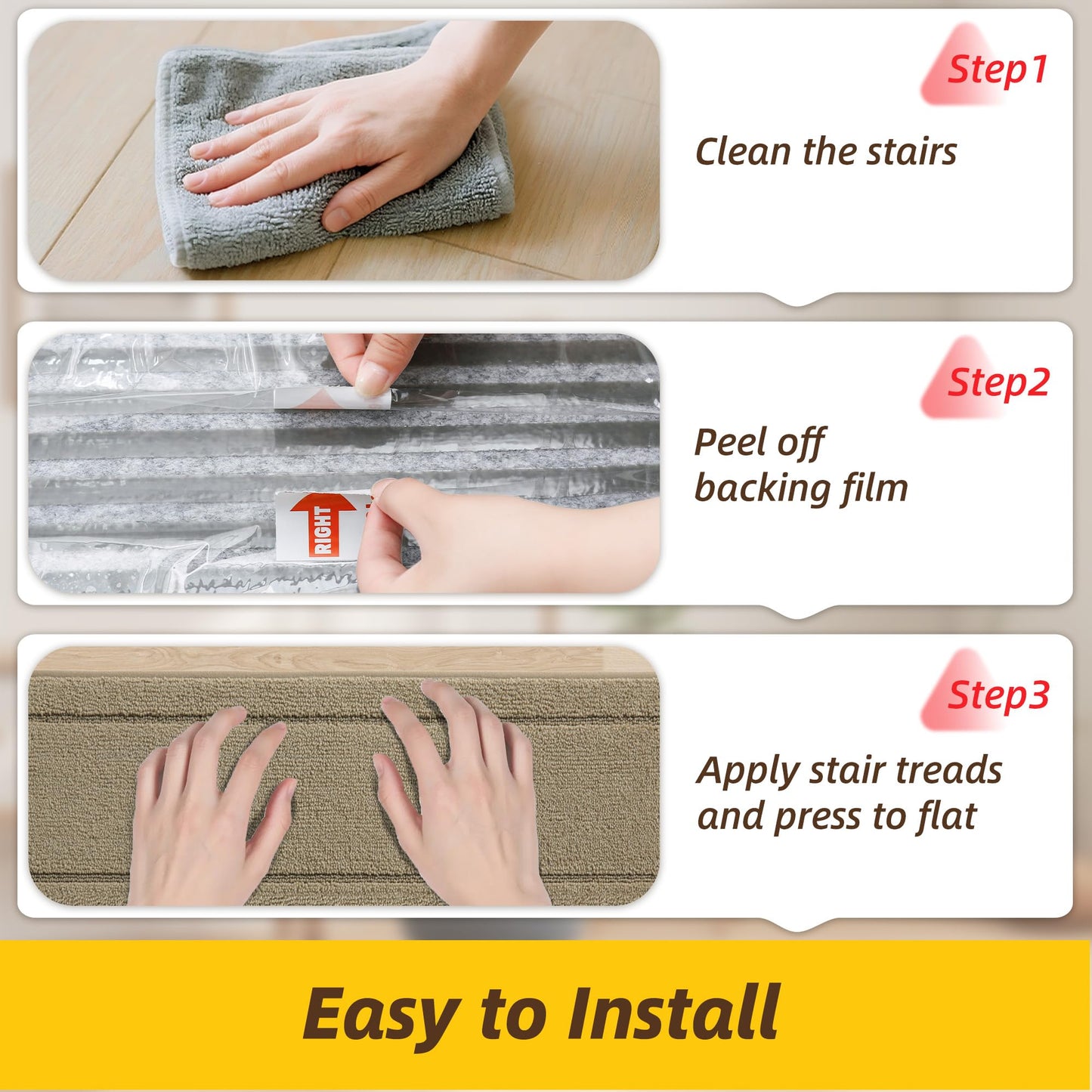 Non-Slip Stair Treads for Wooden Steps Indoor, 15 Pack 8" X 30" Edging Stair Rugs with TPE Backing, Carpet Stair Treads for Kids Elders & Pets, 100% Polyester Soft Stair Runners, Beige